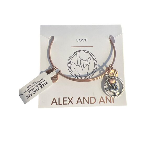 Alex And Ani Love Sign Language Charm Bangle Bracelet Silver Rose Gold Tone NEW - Picture 1 of 4